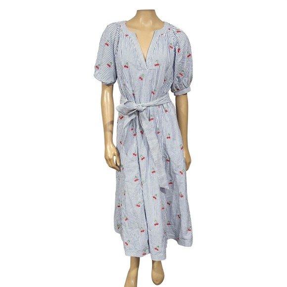 Boden Bria Embroidered Seersucker Cherry Embroidered Midi Dress V-Neck Pockets - Picture 7 of 11